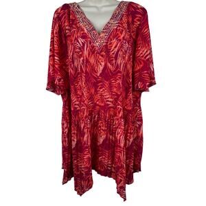 Catherines Blouse Top Pleated Embellished Tropical Leaf V-Neck Fuchsia Orange 3X